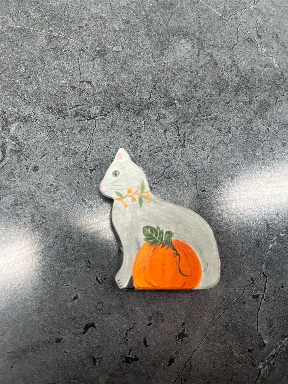 Hand-Painted Gray Cat Pin with Orange Pumpkin - Pets Cat Accessory